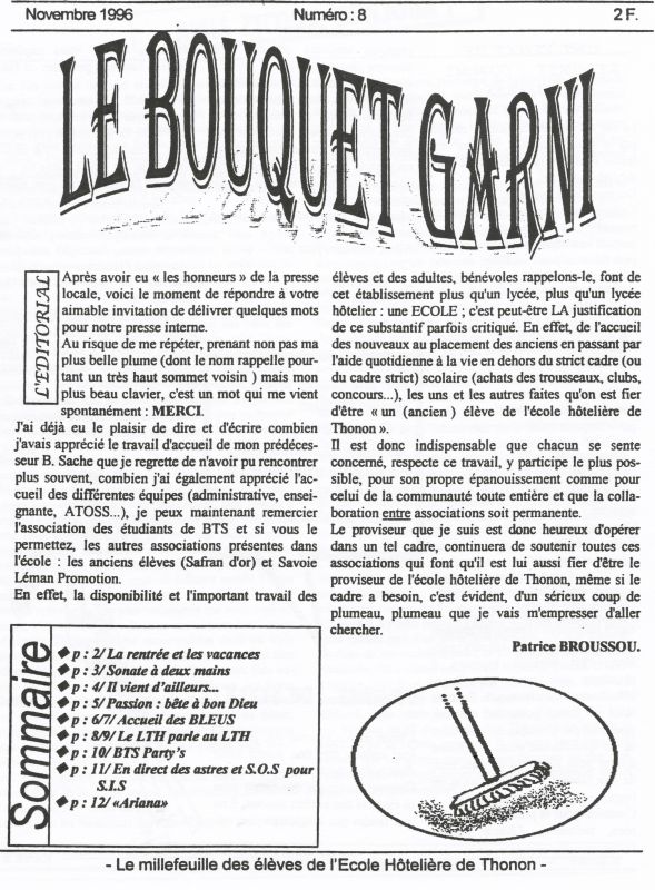 Couverture du magazine Bouquet Garni, école hôtelière Thonon les Bains