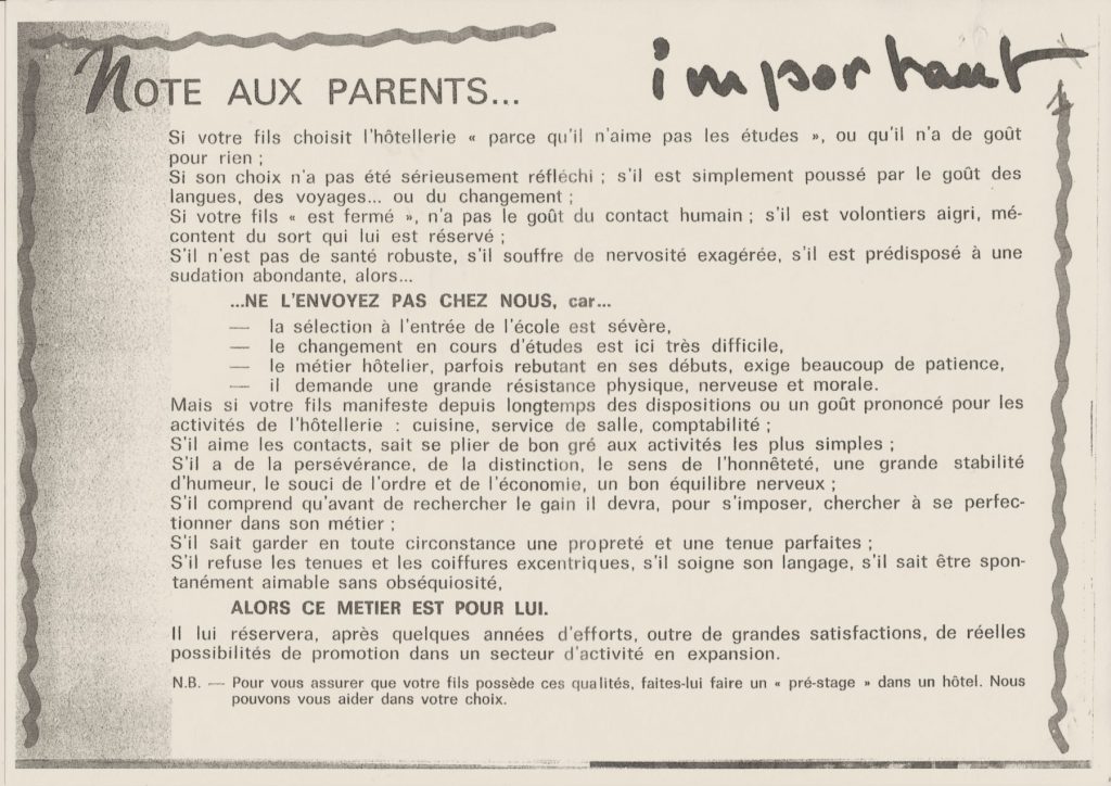 Note aux parents d'élèves rentrée années 60