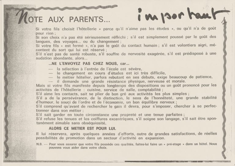 Note aux parents d'élèves rentrée années 60
