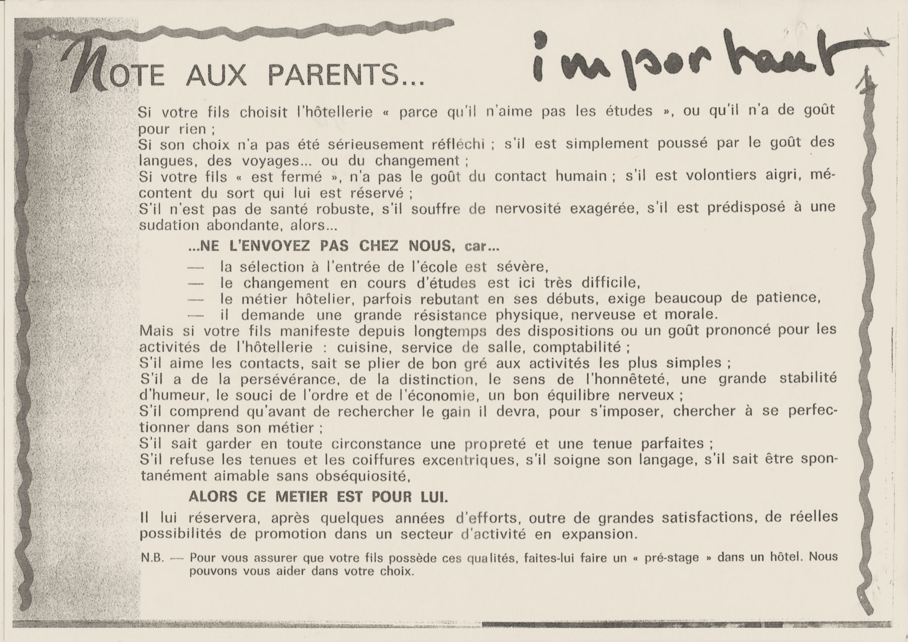 Note aux parents d'élèves rentrée années 60